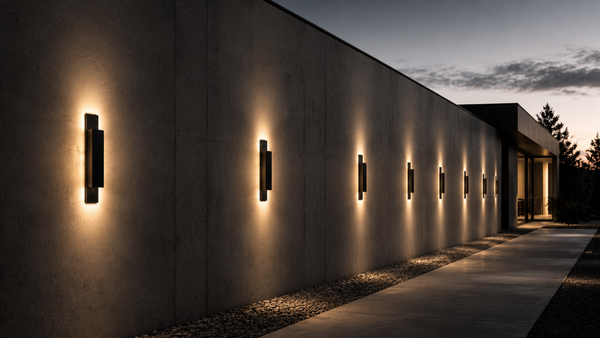 Mehrere schwarze Außenwandleuchten mit IP65-Schutzart an einer Fassade in der Dämmerung