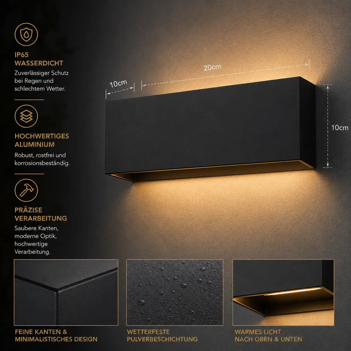 LED Außenwandleuchte rechteckig schwarz (Vantoria), Maße und technische Details