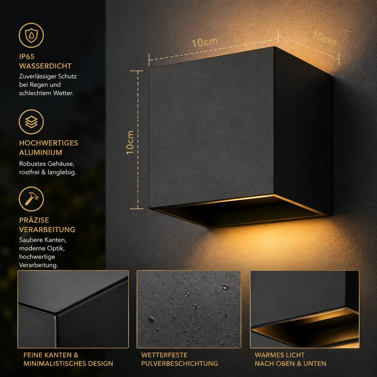 LED Außenwandleuchte Würfel schwarz (Halvenor), Maße und technische Details