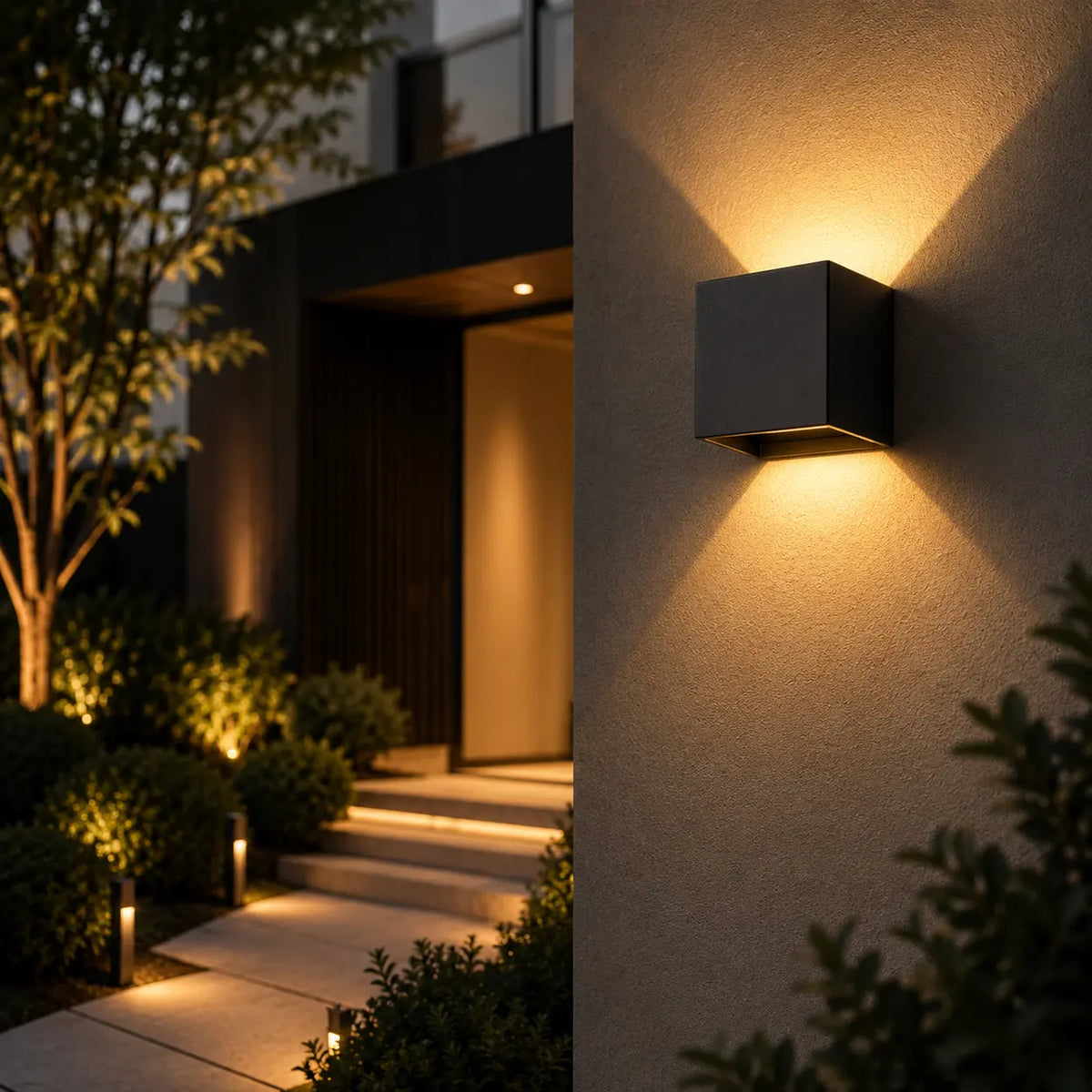 LED Außenwandleuchte Würfel schwarz (Halvenor), am Hauseingang