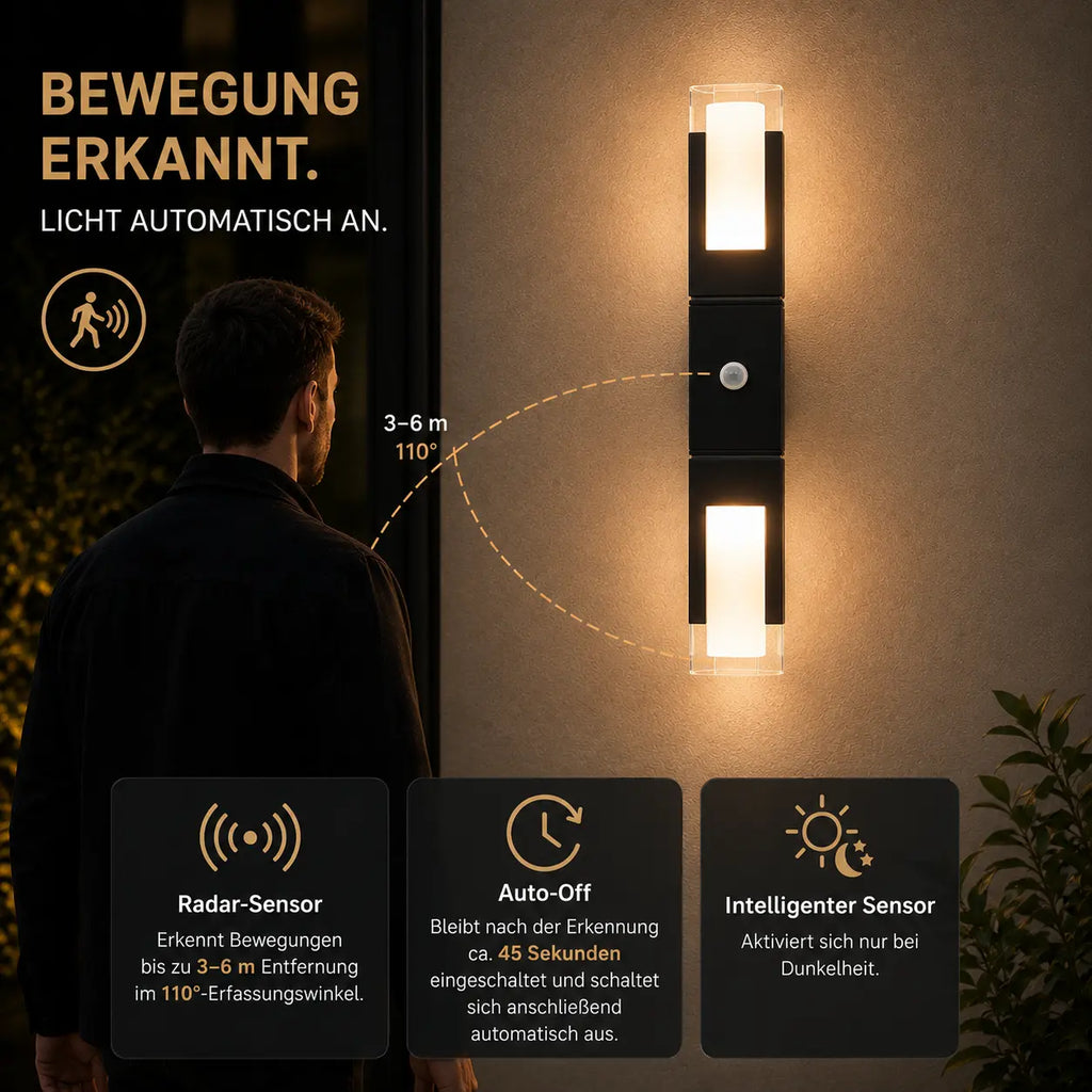 LED Außenwandleuchte mit Bewegungsmelder schwarz (Lumora), Detailansicht