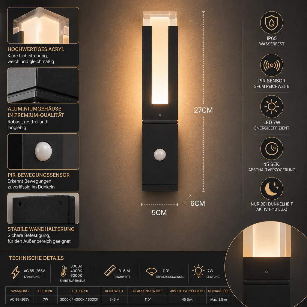 LED Wandleuchte außen mit Bewegungssensor, schwarz, IP65 (Mileni), Maße und technische Details