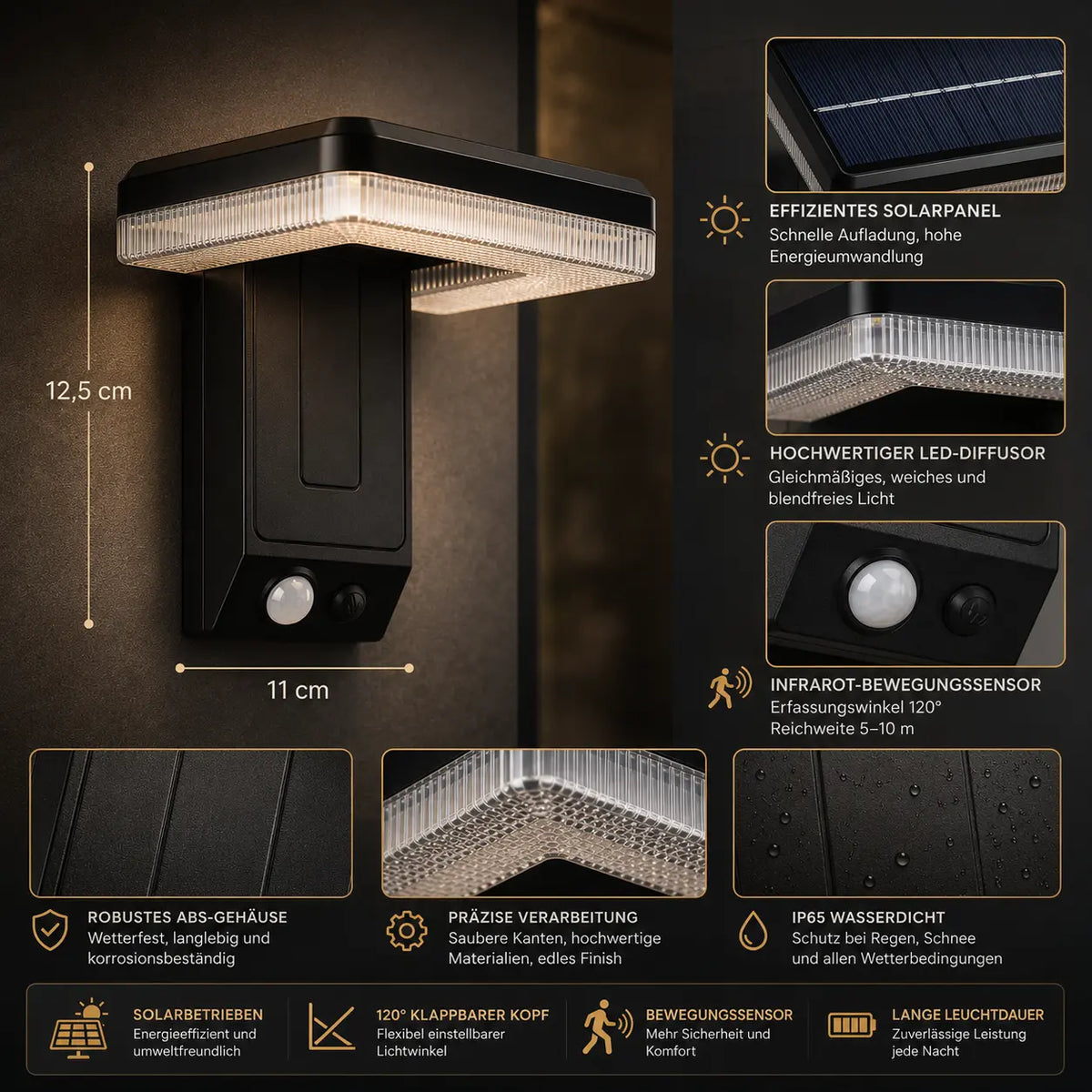Solar Wandleuchte mit Bewegungsmelder klappbar 120° schwarz (Kaevora), Bewegungsmelder und Lichtmodi 2