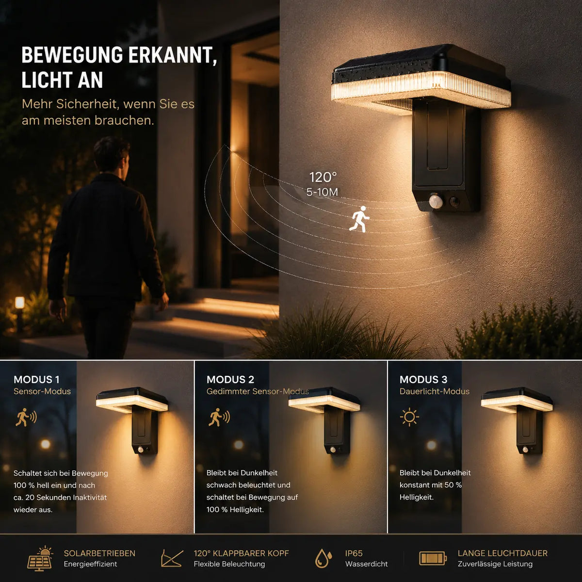 Solar Wandleuchte mit Bewegungsmelder klappbar 120° schwarz (Kaevora), Bewegungsmelder und Lichtmodi