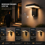 Solar Wandleuchte mit Bewegungsmelder klappbar 120° schwarz, 2er Set (Kaevora), Bewegungsmelder und Lichtmodi