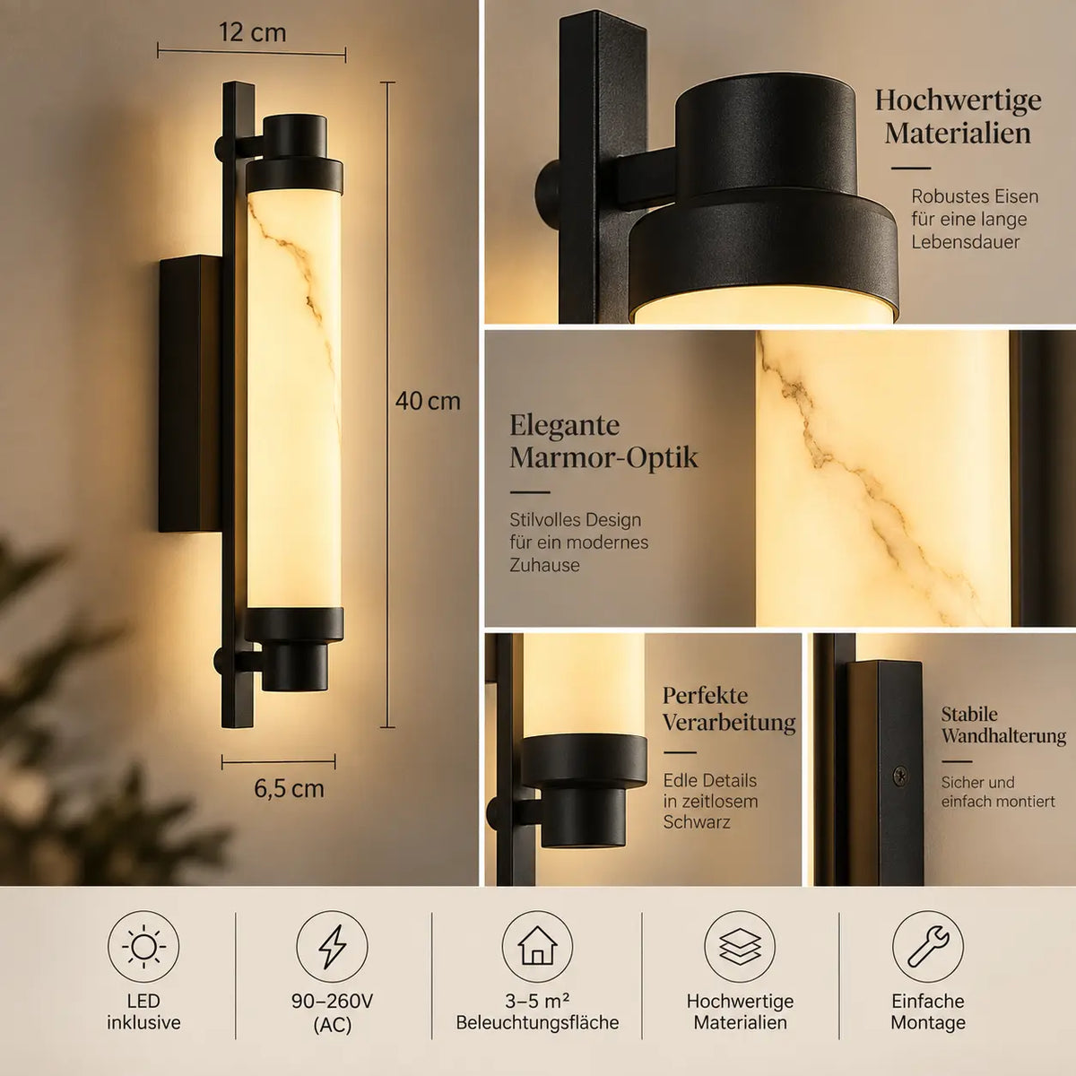 LED Wandleuchte Alabaster-Optik schwarz (Marnetto), Maße und technische Details