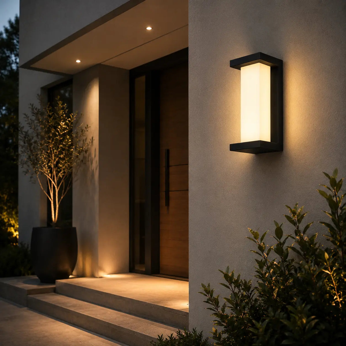 LED Wandleuchte Laternenform mit Acryl-Säule schwarz (Corvexa), am Hauseingang bei Nacht