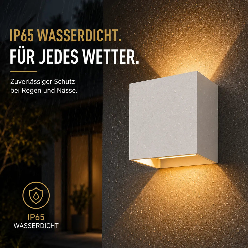 LED Außenwandleuchte Würfel weiß (Halvenor), wetterfest bei Regen