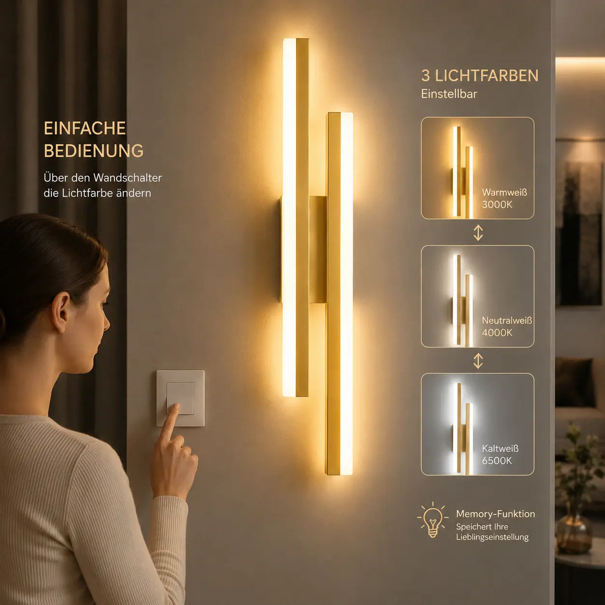 LED Wandleuchte Doppelbalken gold (Averyon), Bedienung und Lichtfarbe