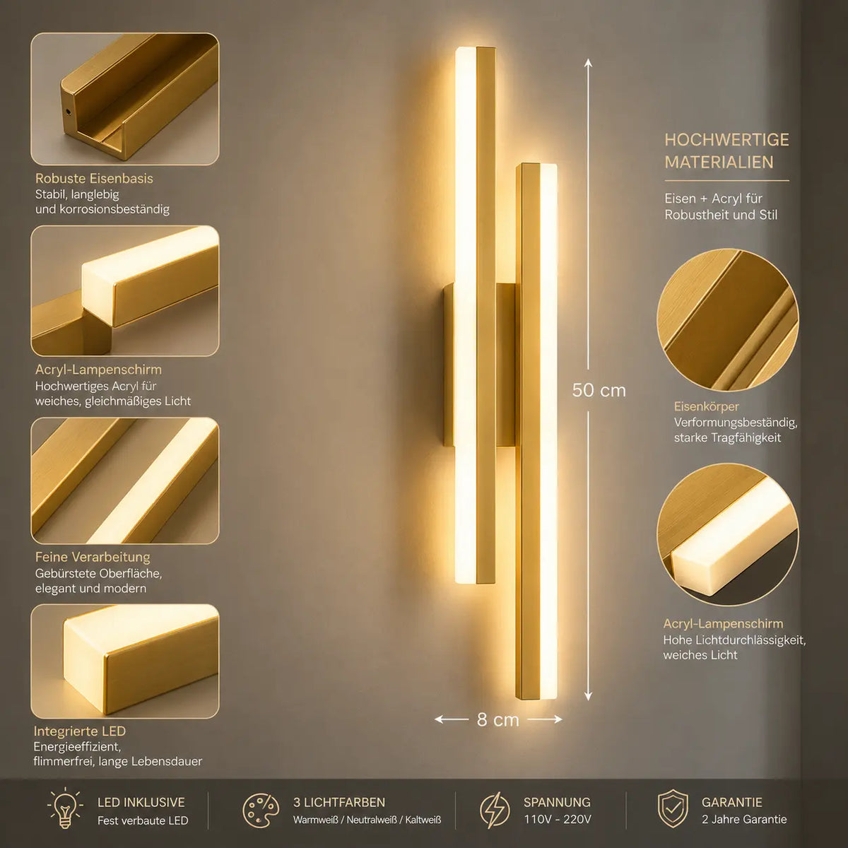 LED Wandleuchte Doppelbalken gold (Averyon), Maße und technische Details