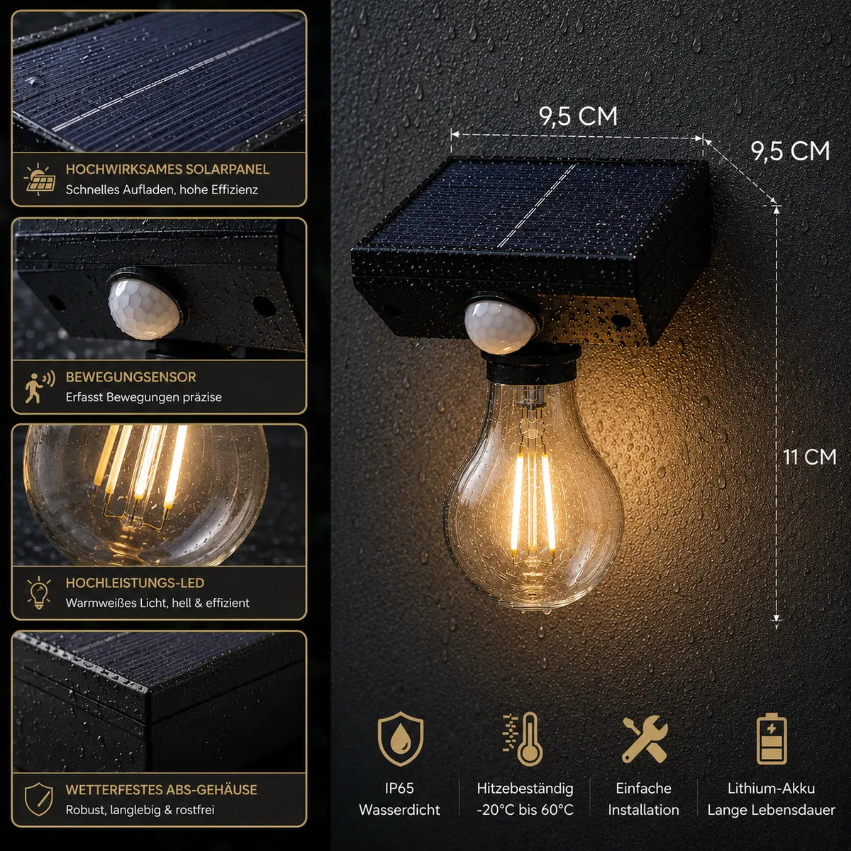 Solar Wandleuchte außen mit Bewegungsmelder, IP65 (Mili), Maße und technische Details