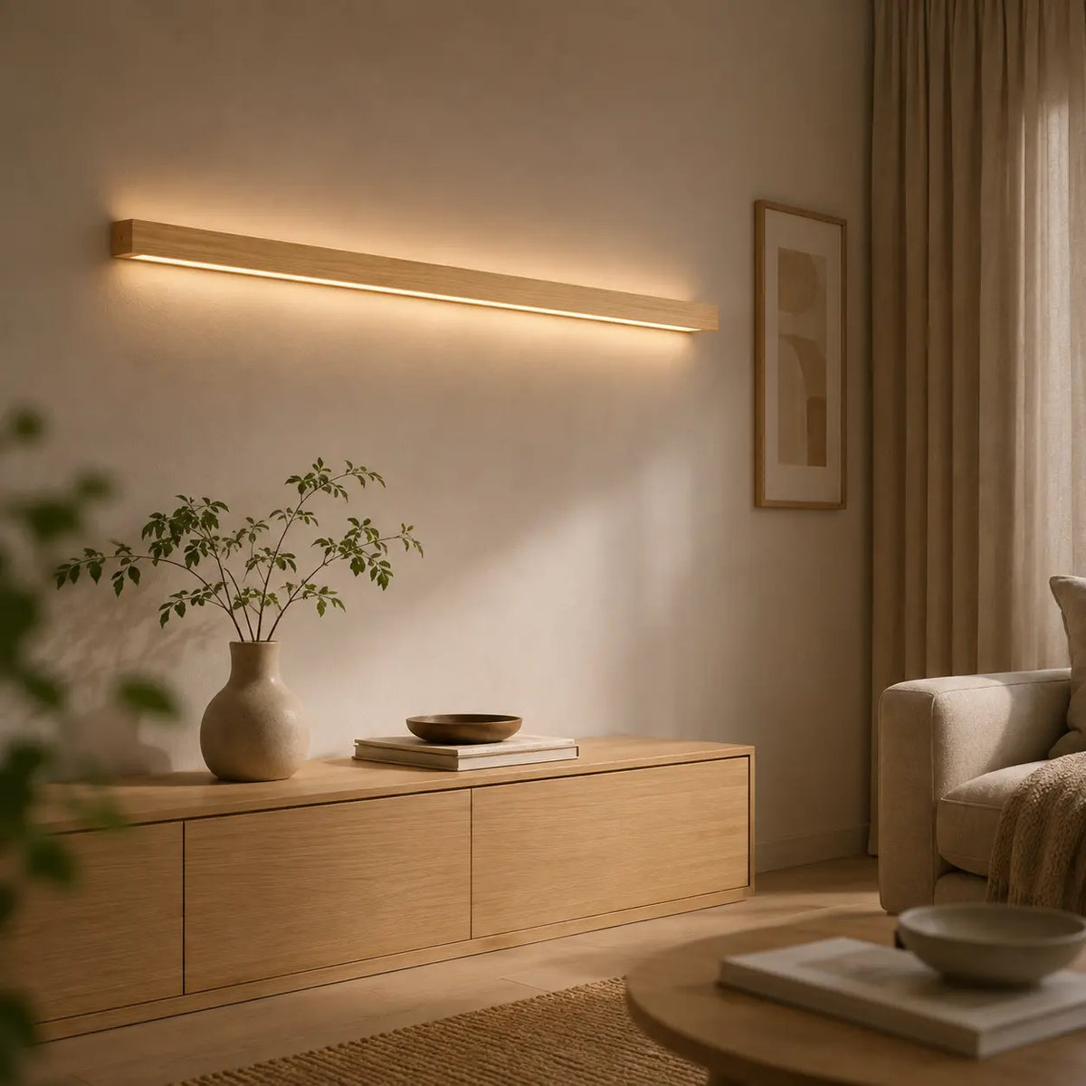 LED Wandleuchte Holzbalken Spiegelleuchte hell (Ostavia), im Wohnzimmer