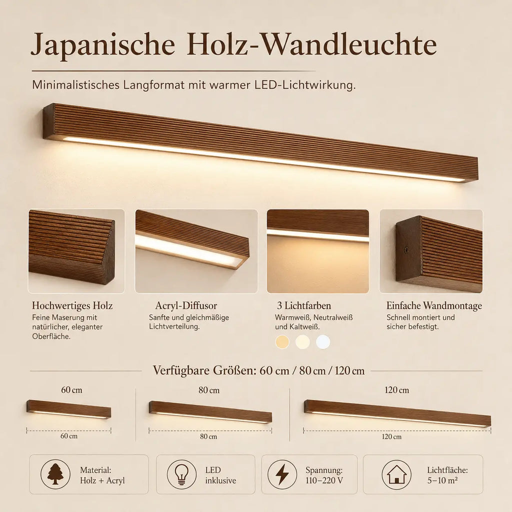 LED Wandleuchte Holzbalken Spiegelleuchte braun (Kirenzo), Maße und technische Details