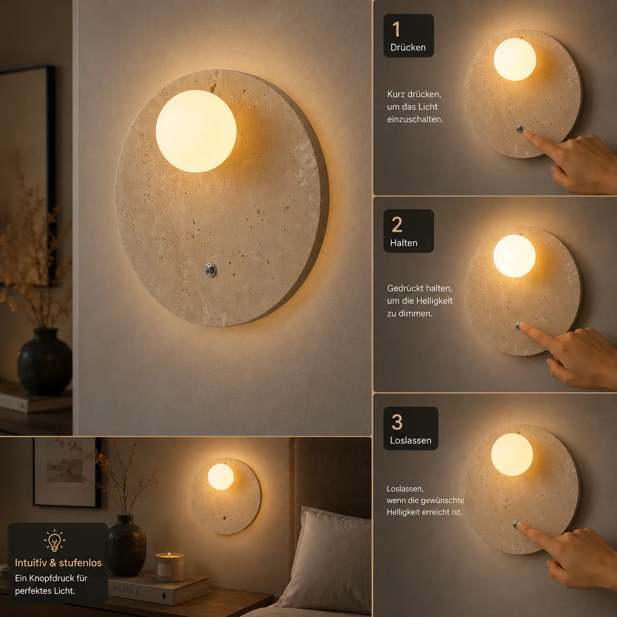 LED Wandleuchte Naturstein-Optik beige (Travelia), Montage und Bedienung