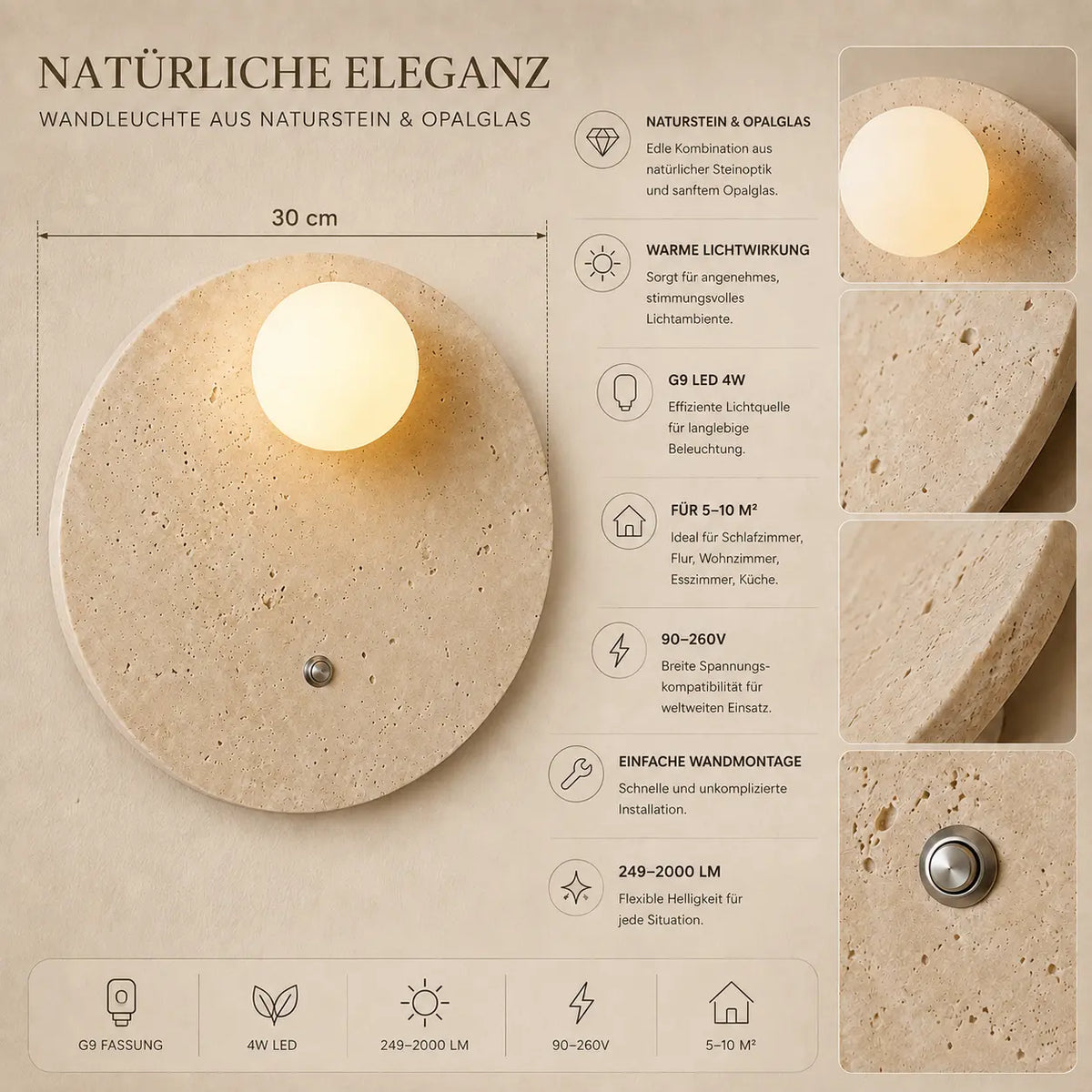 LED Wandleuchte Naturstein-Optik beige (Travelia), Maße und technische Details