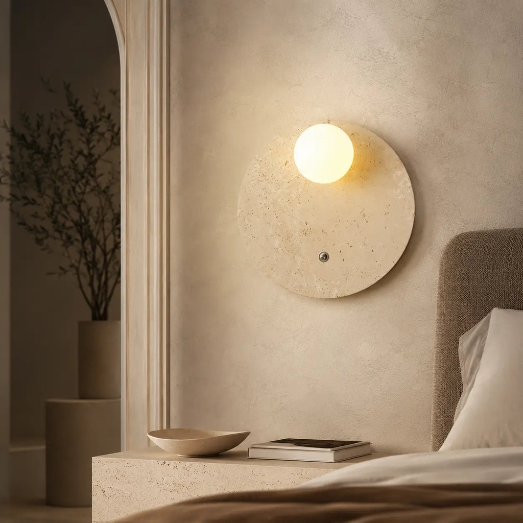 LED Wandleuchte Naturstein-Optik beige (Travelia), im Schlafzimmer neben dem Bett