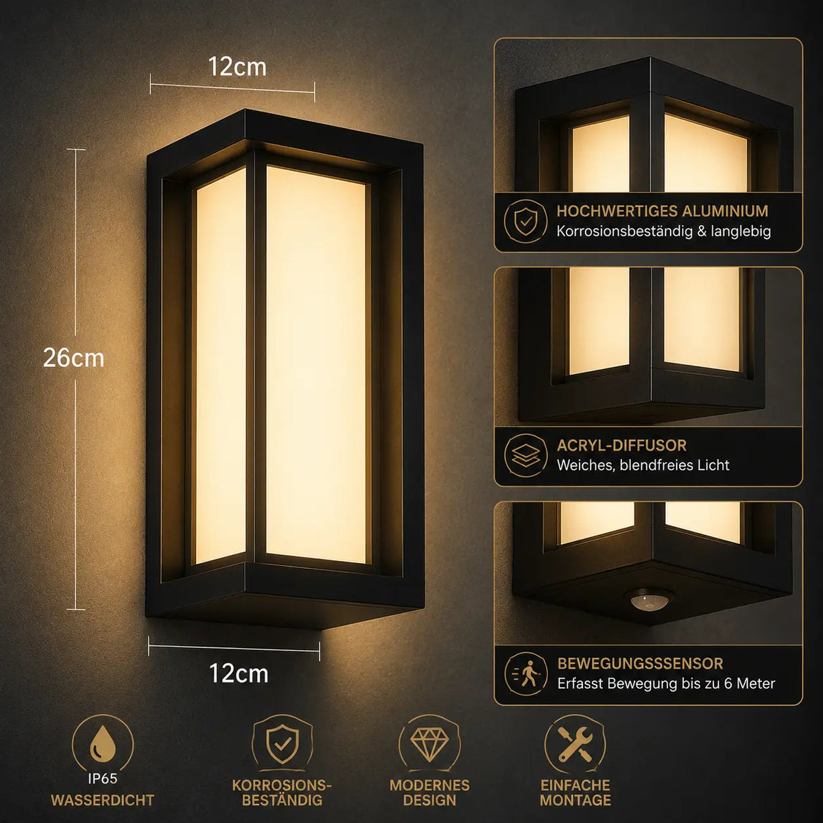 LED Wandleuchte Laternenform mit Kreuzsprossen schwarz (Delvantis), Maße und technische Details