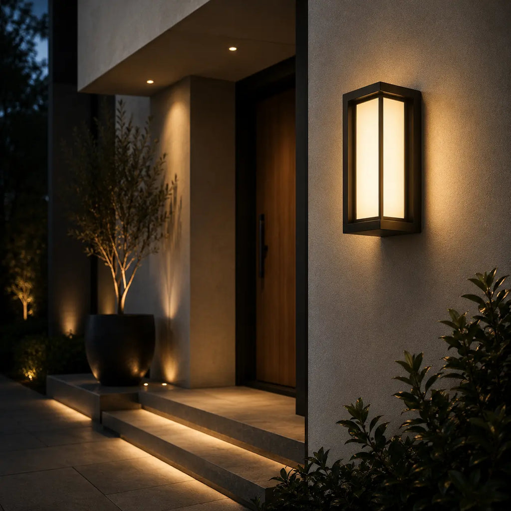LED Wandleuchte Laternenform mit Kreuzsprossen schwarz (Delvantis), am Hauseingang