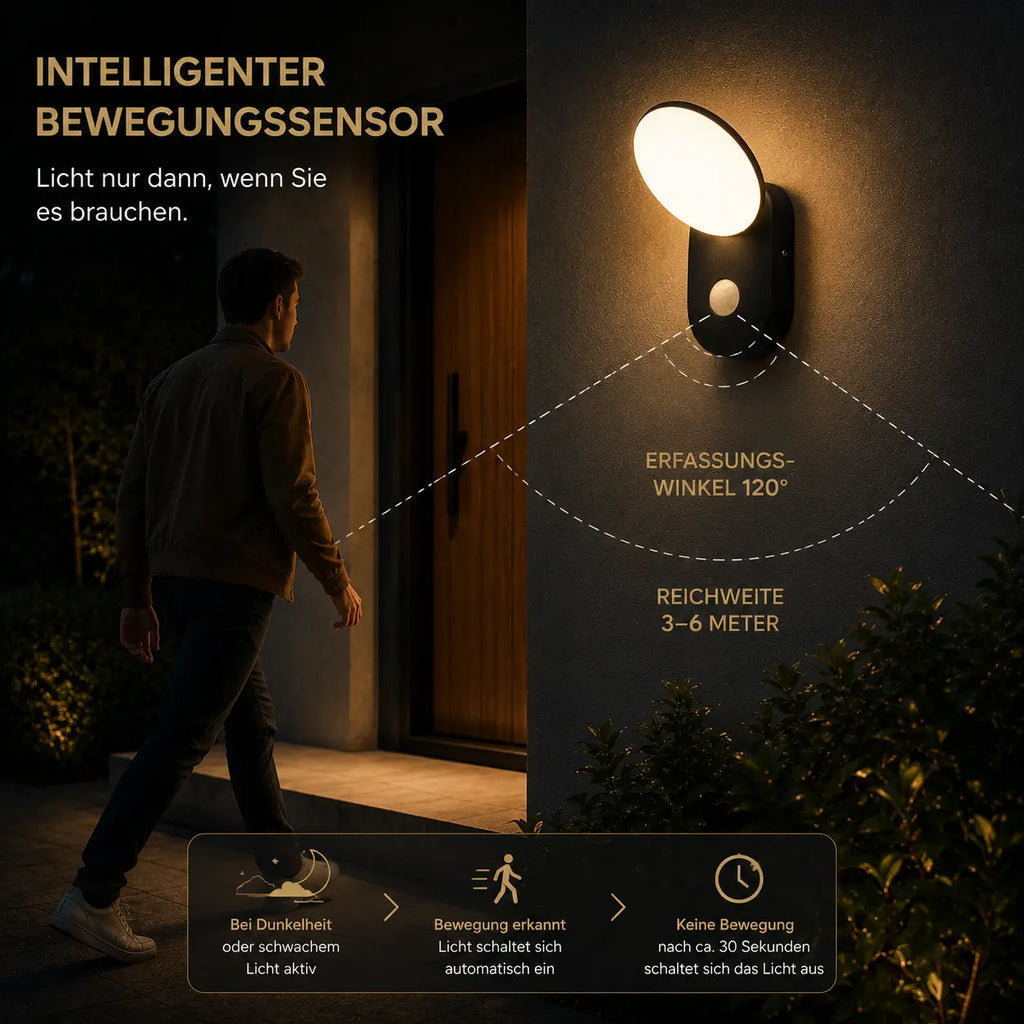 LED Außenwandleuchte mit Bewegungsmelder oval schwarz (Ali), Bewegungsmelder und Lichtmodi