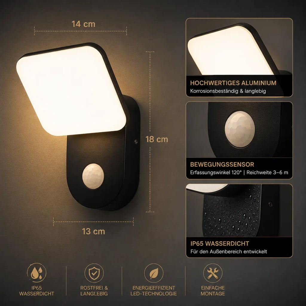 LED Außenwandleuchte mit Bewegungsmelder eckig schwarz (Eli), Maße und technische Details