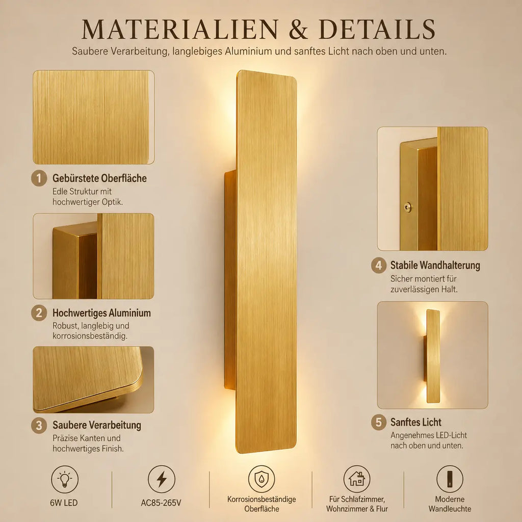 LED Wandleuchte rechteckig gebürstetes Gold (Marendel), Maße und technische Details