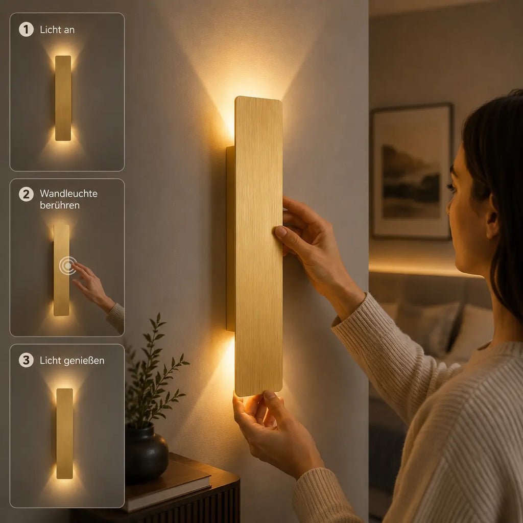 LED Wandleuchte rechteckig gebürstetes Gold (Marendel), Montage und Bedienung