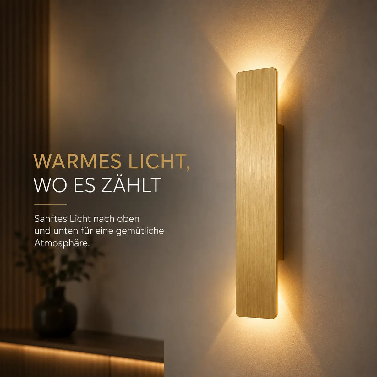 LED Wandleuchte rechteckig gebürstetes Gold (Marendel), Lichtwirkung an der Wand