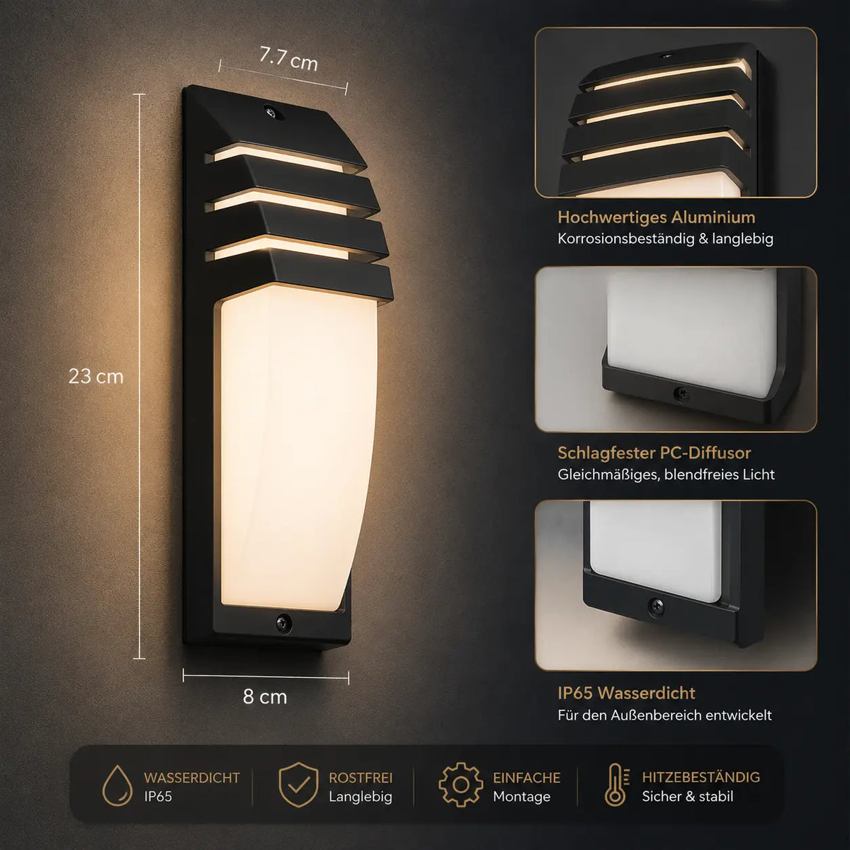 LED Wandleuchte konisch mit Lamellen schwarz (Thravonne), Maße und technische Details