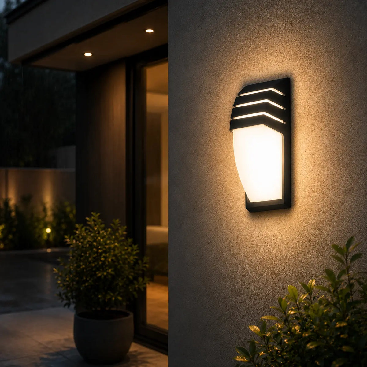LED Wandleuchte konisch mit Lamellen schwarz (Thravonne), am Hauseingang
