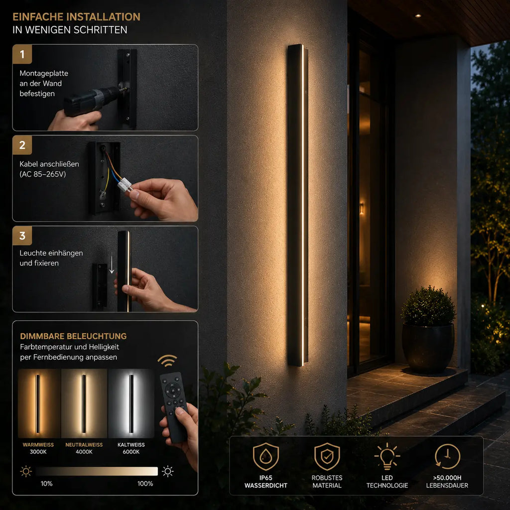 LED Außenwandleuchte Lichtleiste dimmbar schwarz (Solvarn), mit Fernbedienung