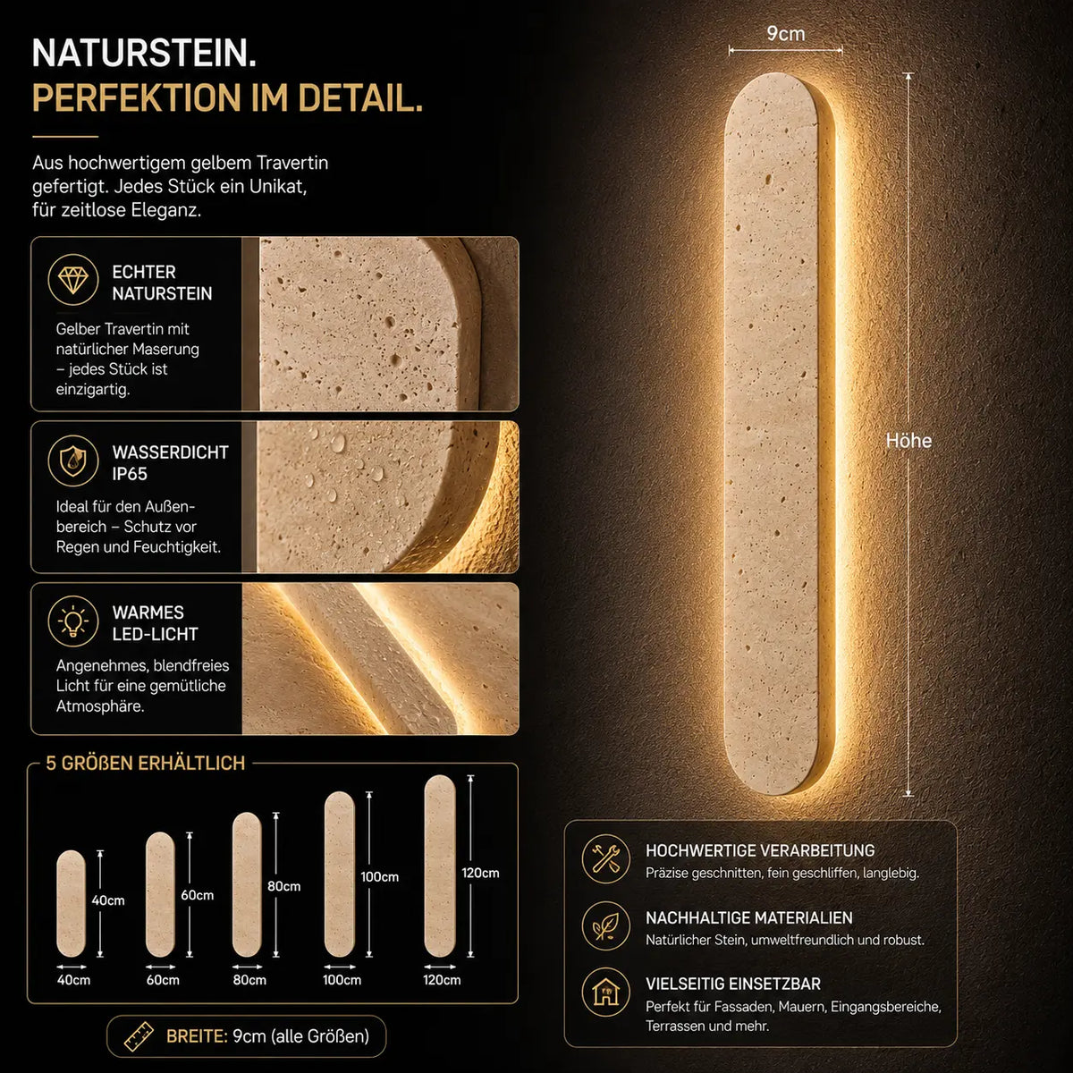 LED Außenwandleuchte Naturstein Travertin (Solmara), in verschiedenen Größen