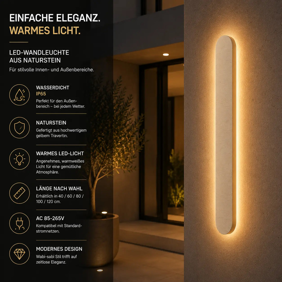 LED Außenwandleuchte Naturstein Travertin (Solmara), Maße und technische Details