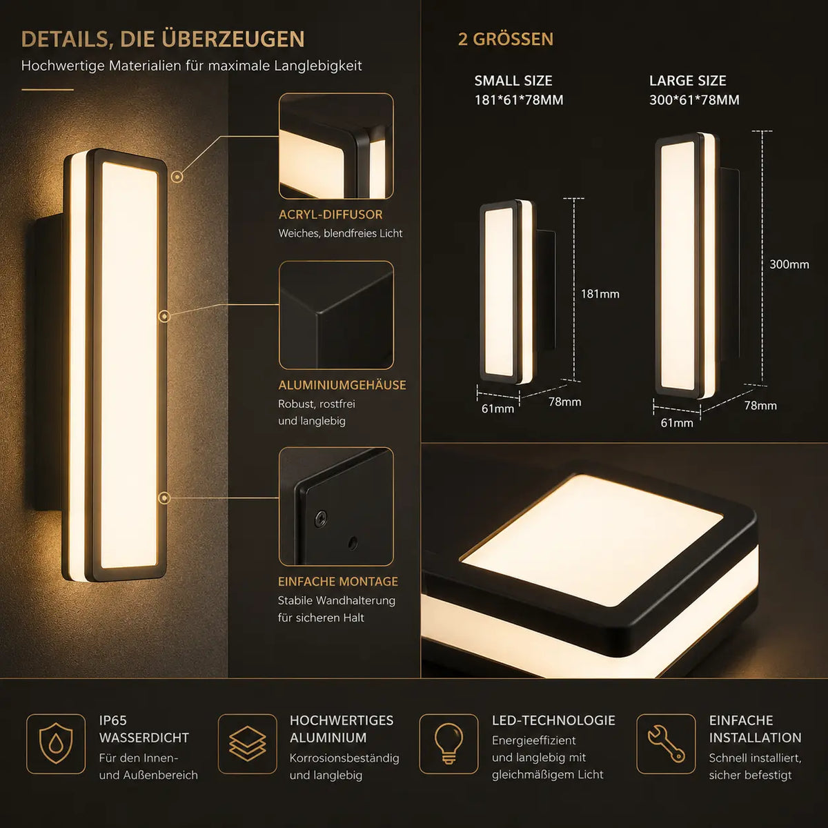 LED Außenwandleuchte rechteckig schwarz (Dornova), in verschiedenen Größen