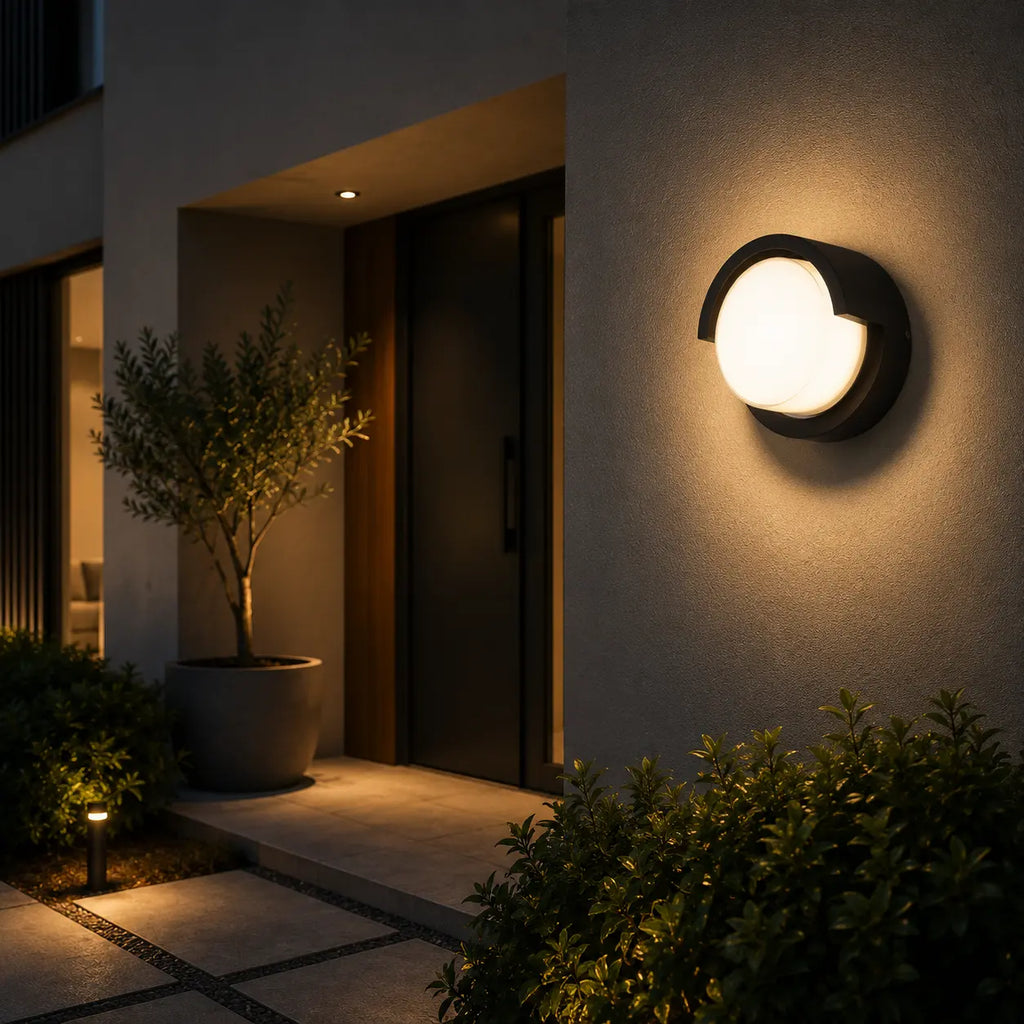 LED Wandleuchte rund im Augen-Design schwarz (Vorentha), am Hauseingang