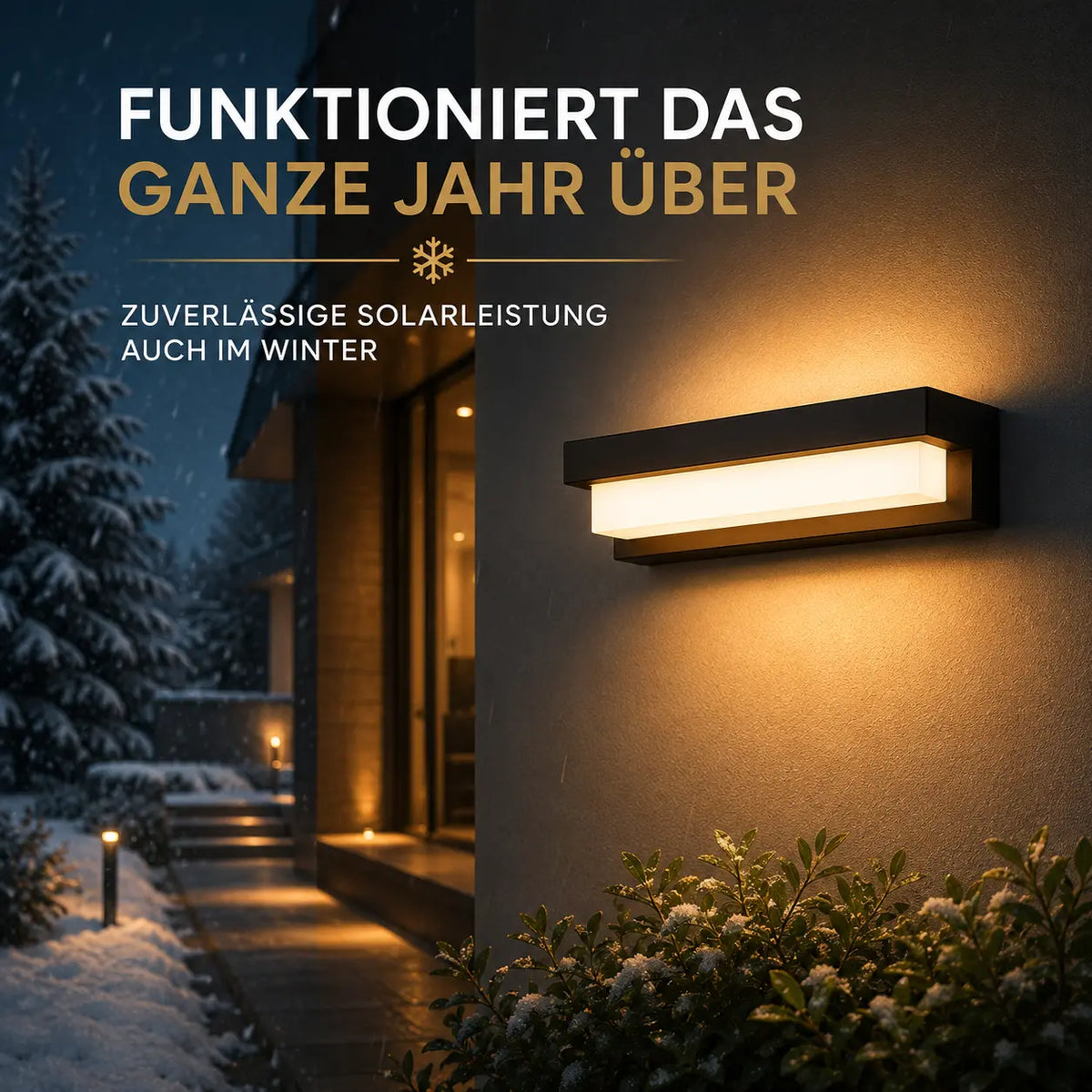 Solar Wandleuchte rechteckig mit Acryl-Diffusor schwarz (Norlyn), im Winter bei Schnee