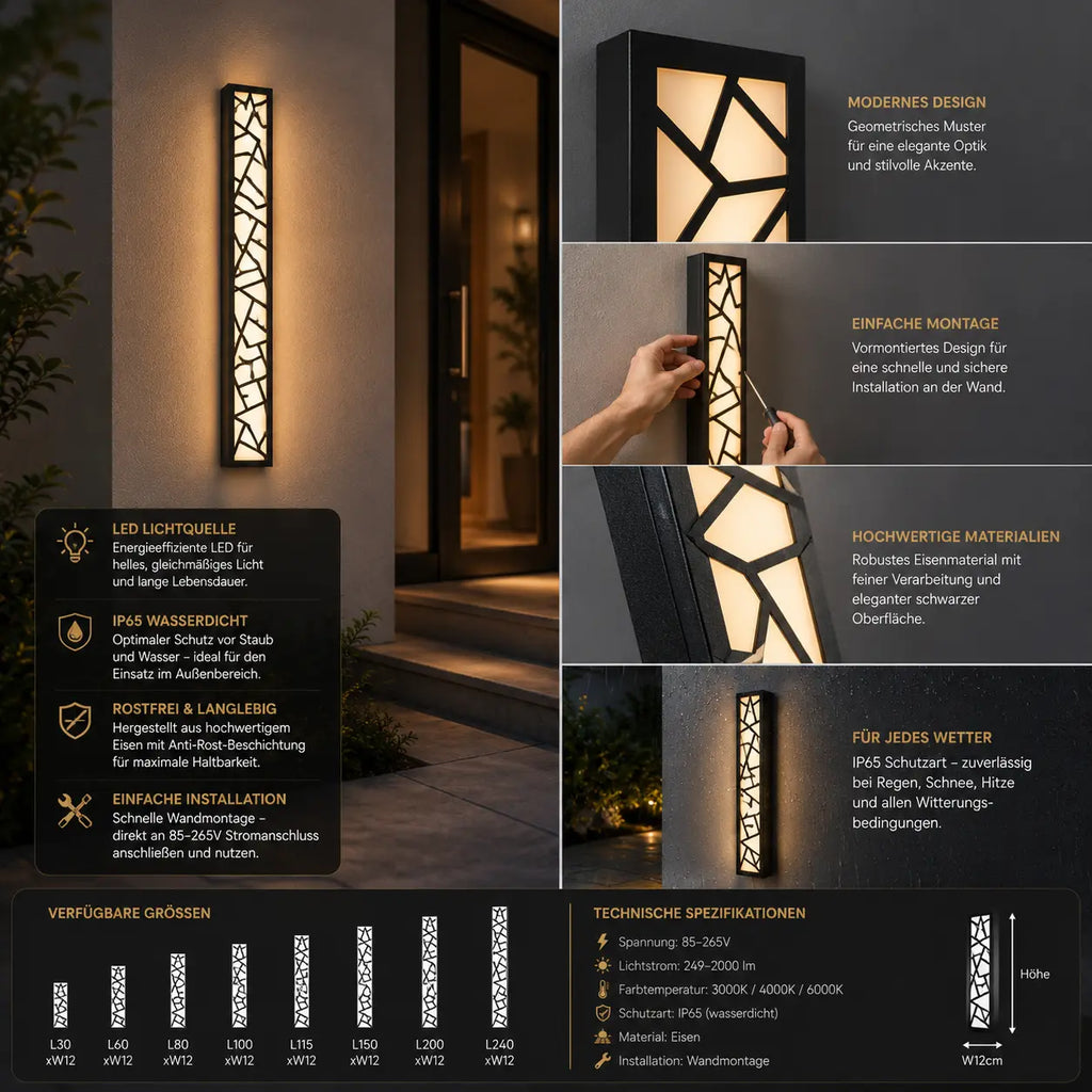 LED Außenwandleuchte geometrisch schwarz (Velthor), Maße und technische Details