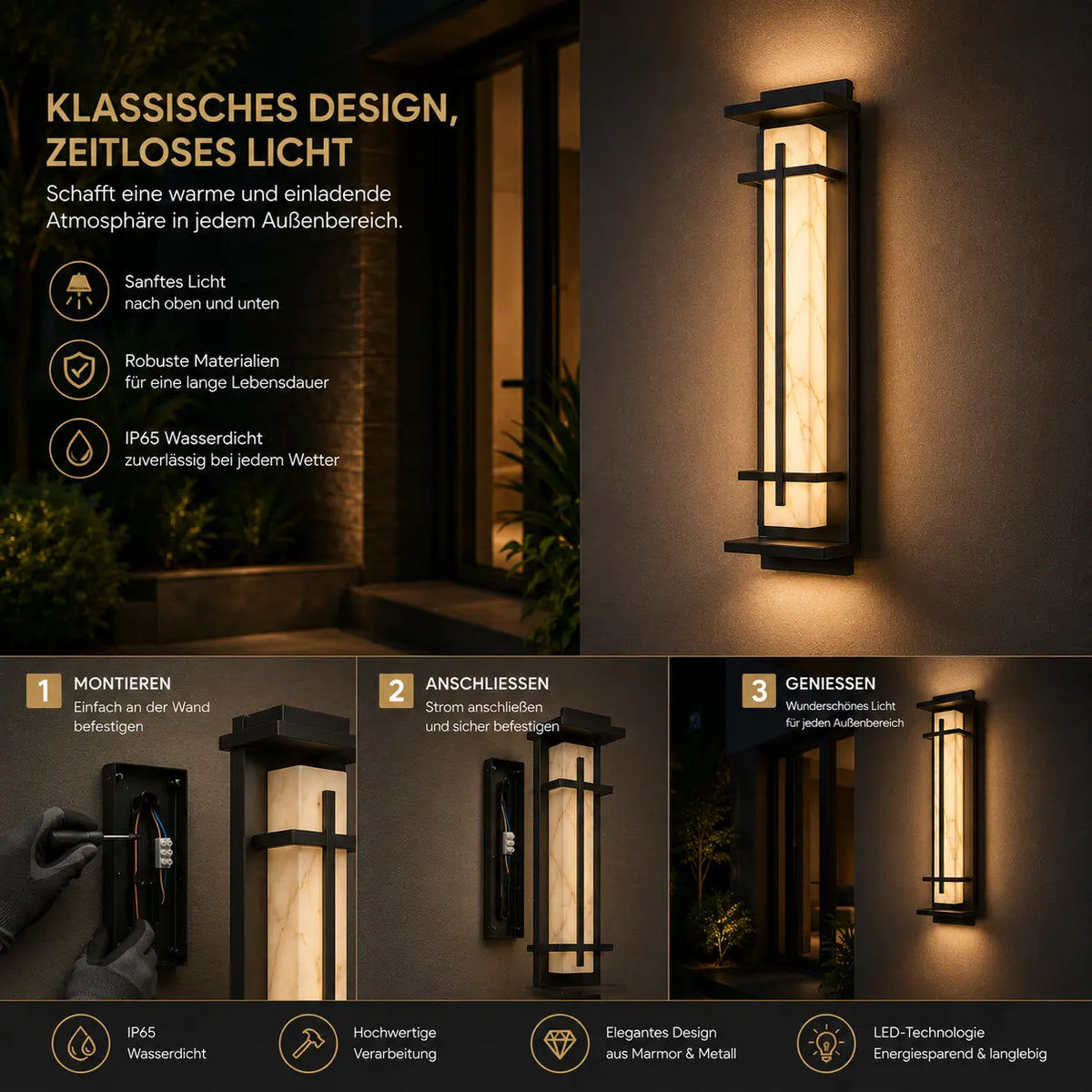 LED Außenwandleuchte Marmor-Optik schwarz (Kestrion), Montage und Bedienung