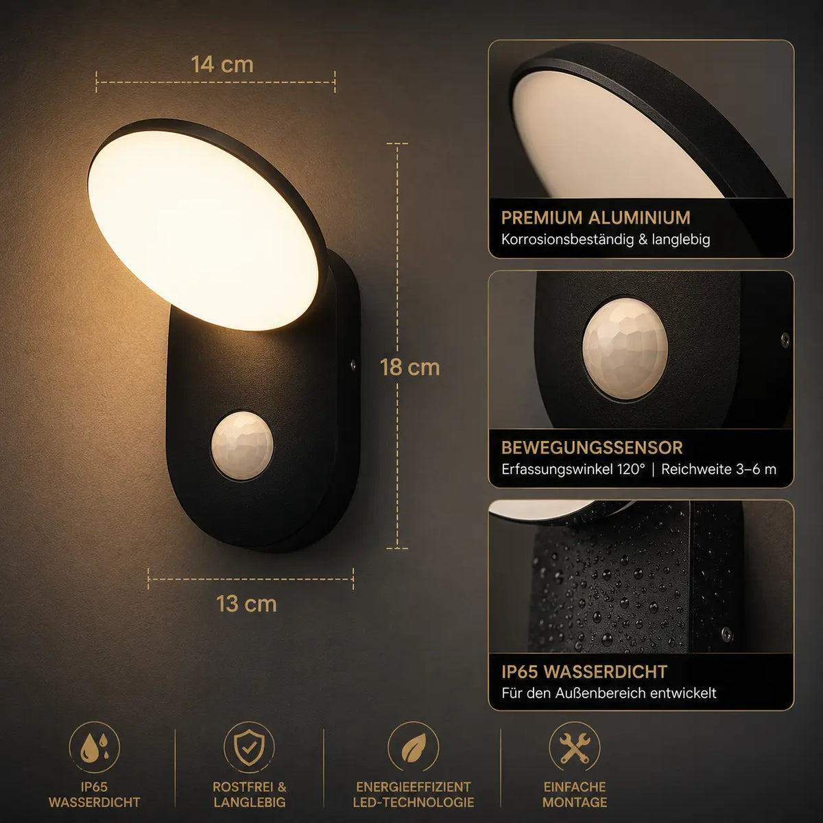 LED Außenwandleuchte mit Bewegungsmelder oval schwarz (Ali), Maße und technische Details