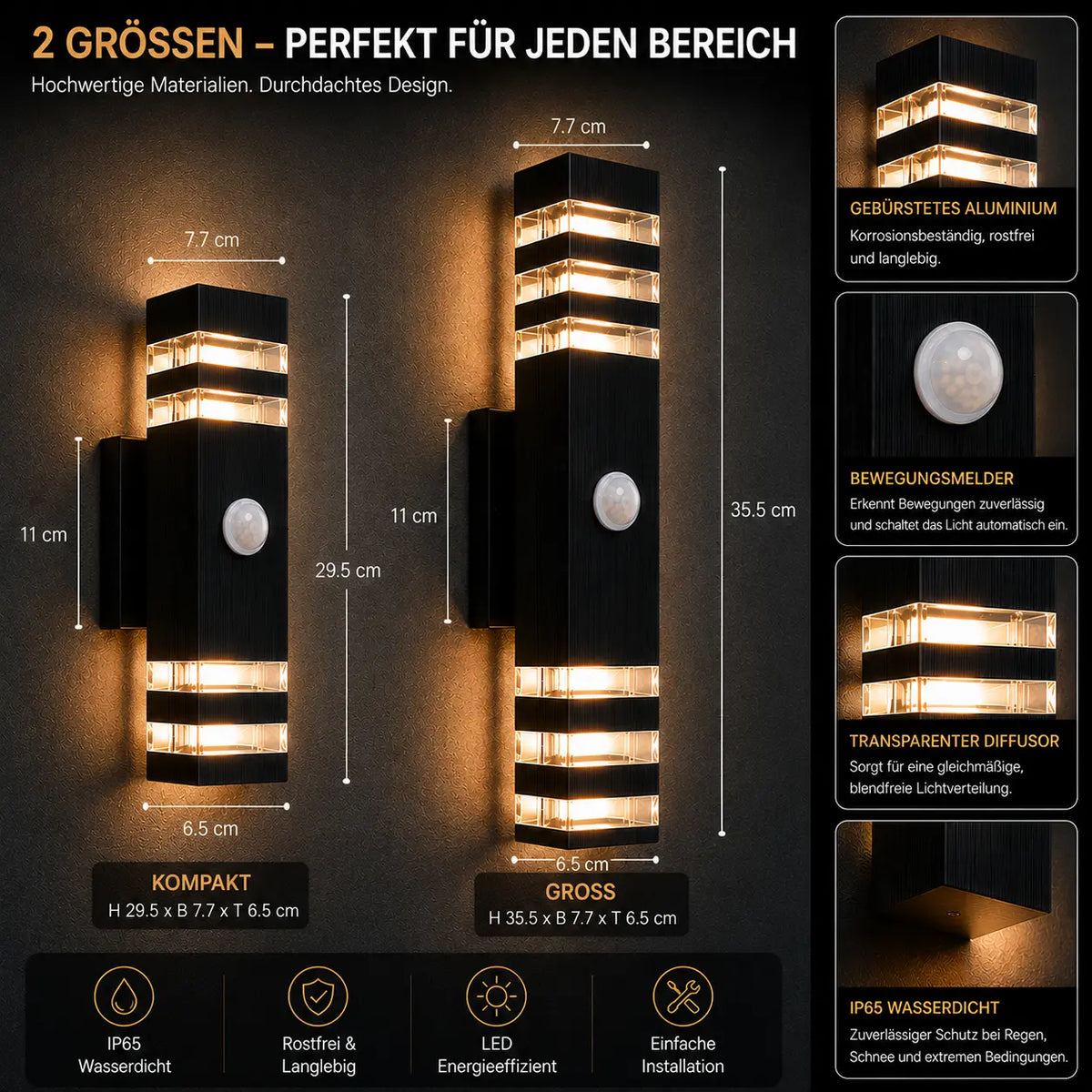 LED Außenwandleuchte mit Bewegungsmelder up-down schwarz (Coa), in verschiedenen Größen