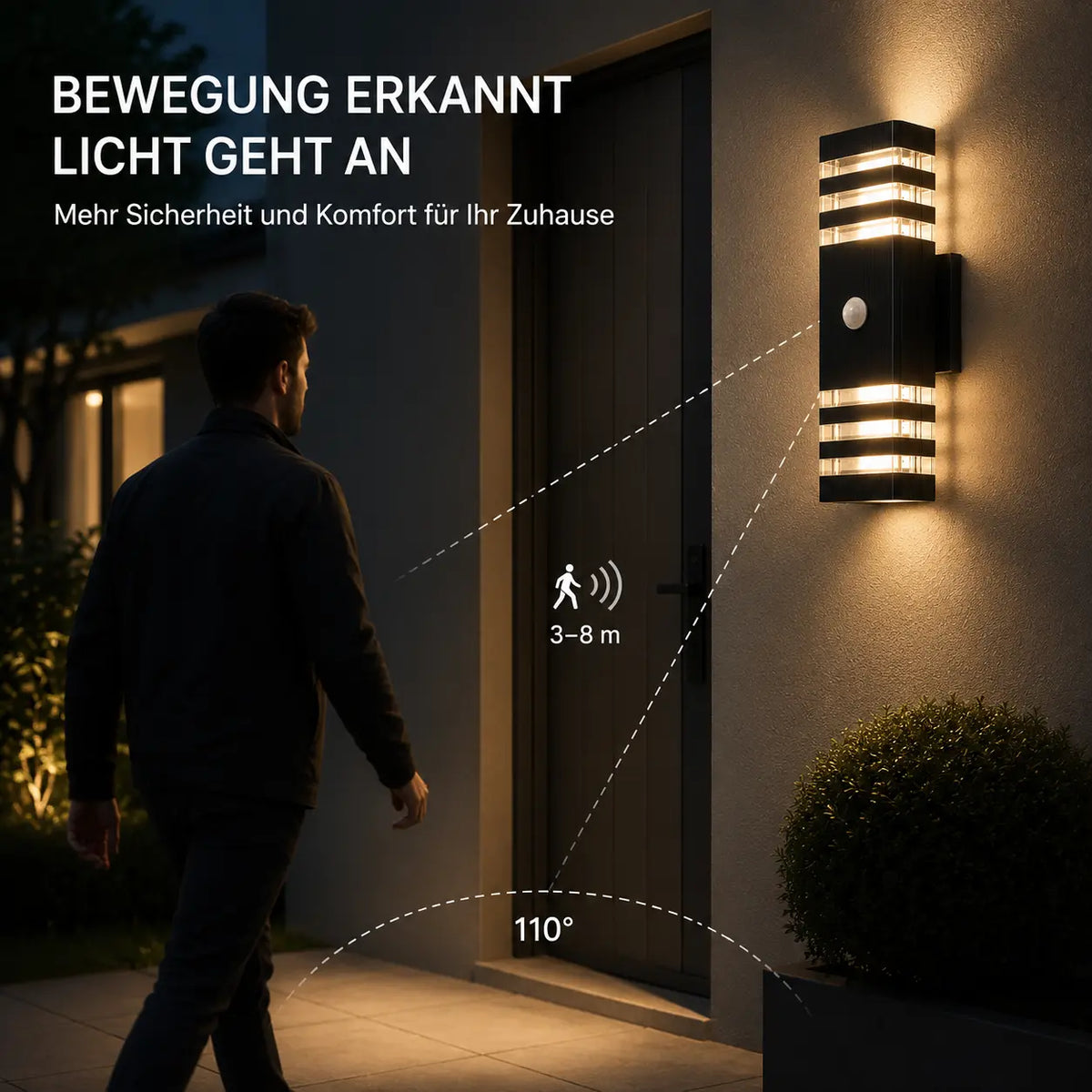 LED Außenwandleuchte mit Bewegungsmelder up-down schwarz (Coa), Bewegungsmelder und Lichtmodi