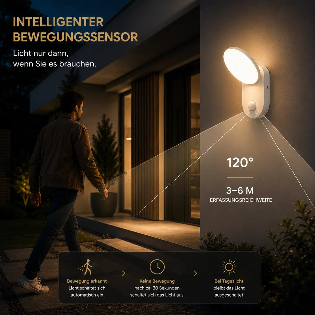 LED Außenwandleuchte mit Bewegungsmelder oval weiß (Aoli), Bewegungsmelder und Lichtmodi