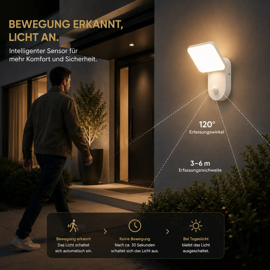 LED Außenwandleuchte mit Bewegungsmelder eckig weiß (Eoli), Bewegungsmelder und Lichtmodi