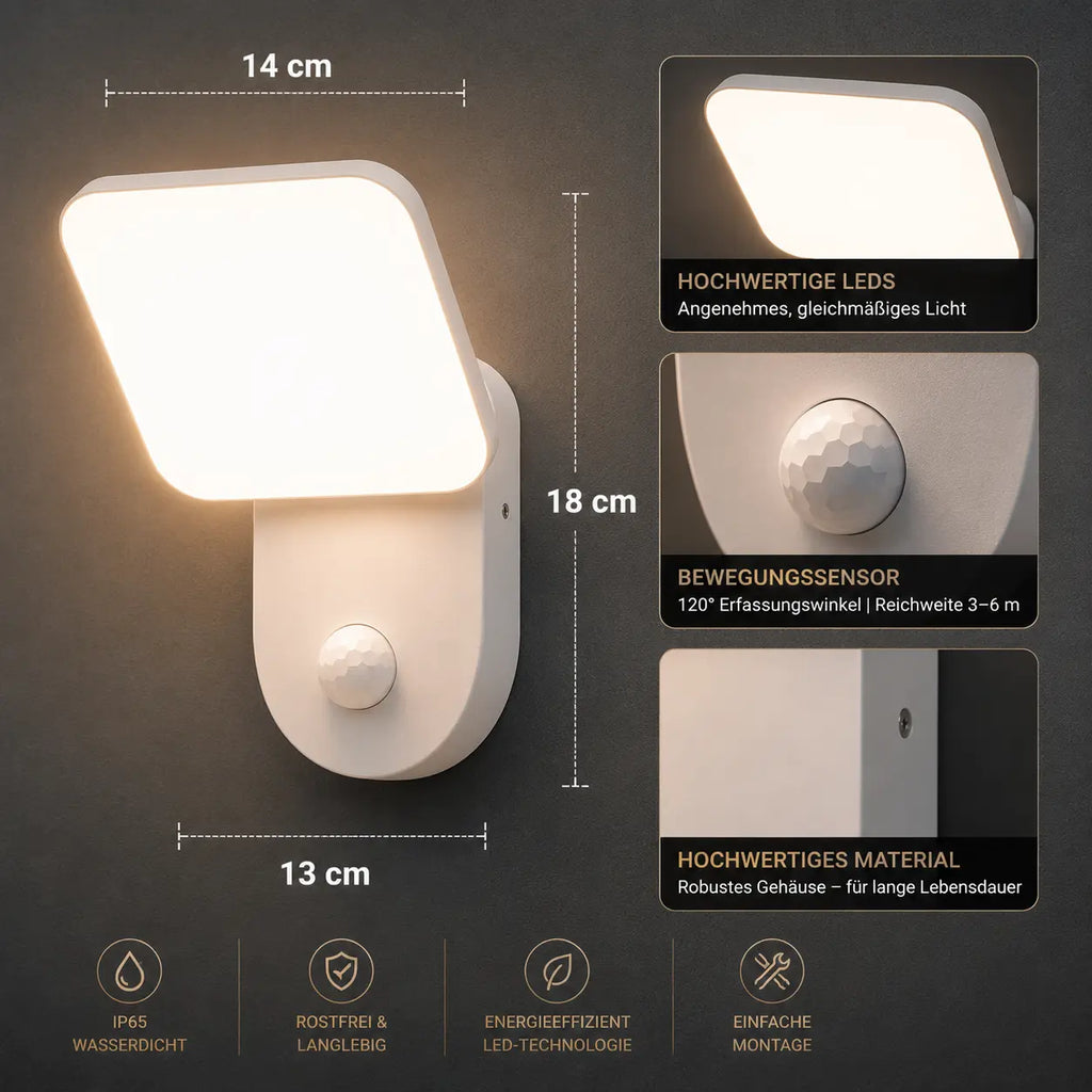 LED Außenwandleuchte mit Bewegungsmelder eckig weiß (Eoli), Maße und technische Details