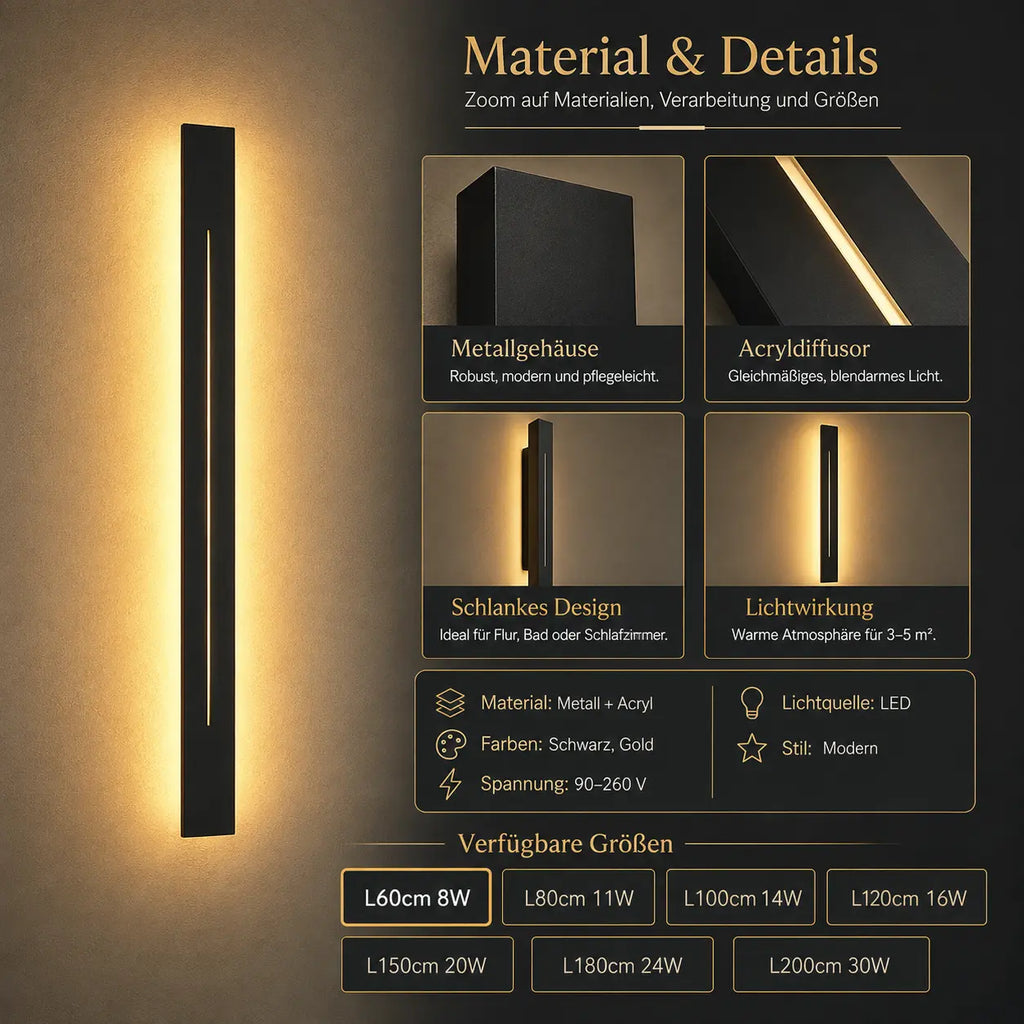 LED Wandleuchte Metall Lichtstab schwarz (Norvexa), Maße und technische Details