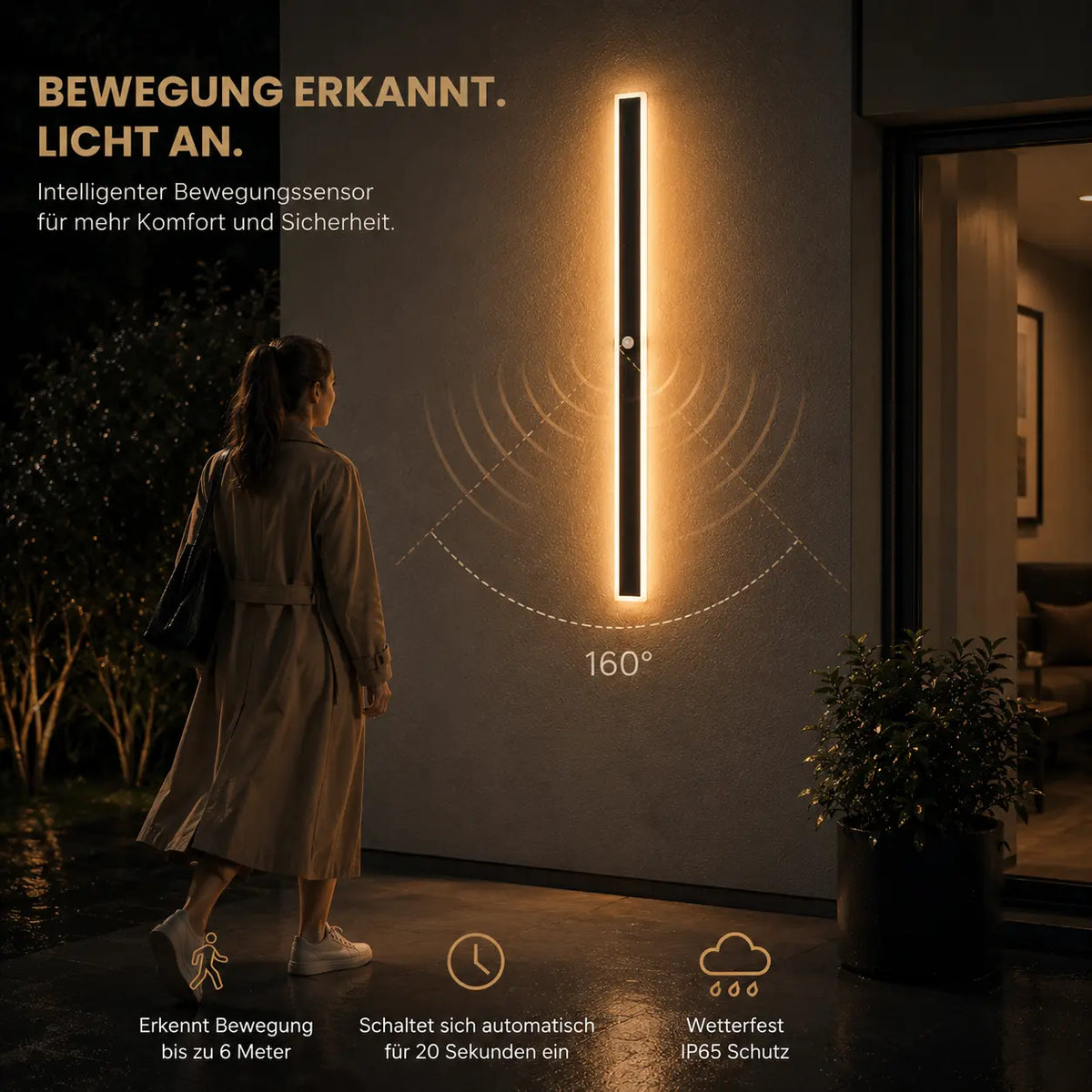 LED Außenwandleuchte mit Bewegungsmelder lang schwarz (Verona), Bewegungsmelder und Lichtmodi