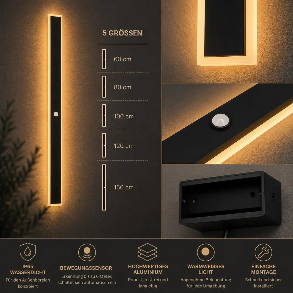 LED Außenwandleuchte mit Bewegungsmelder lang schwarz (Verona), Größenvergleich