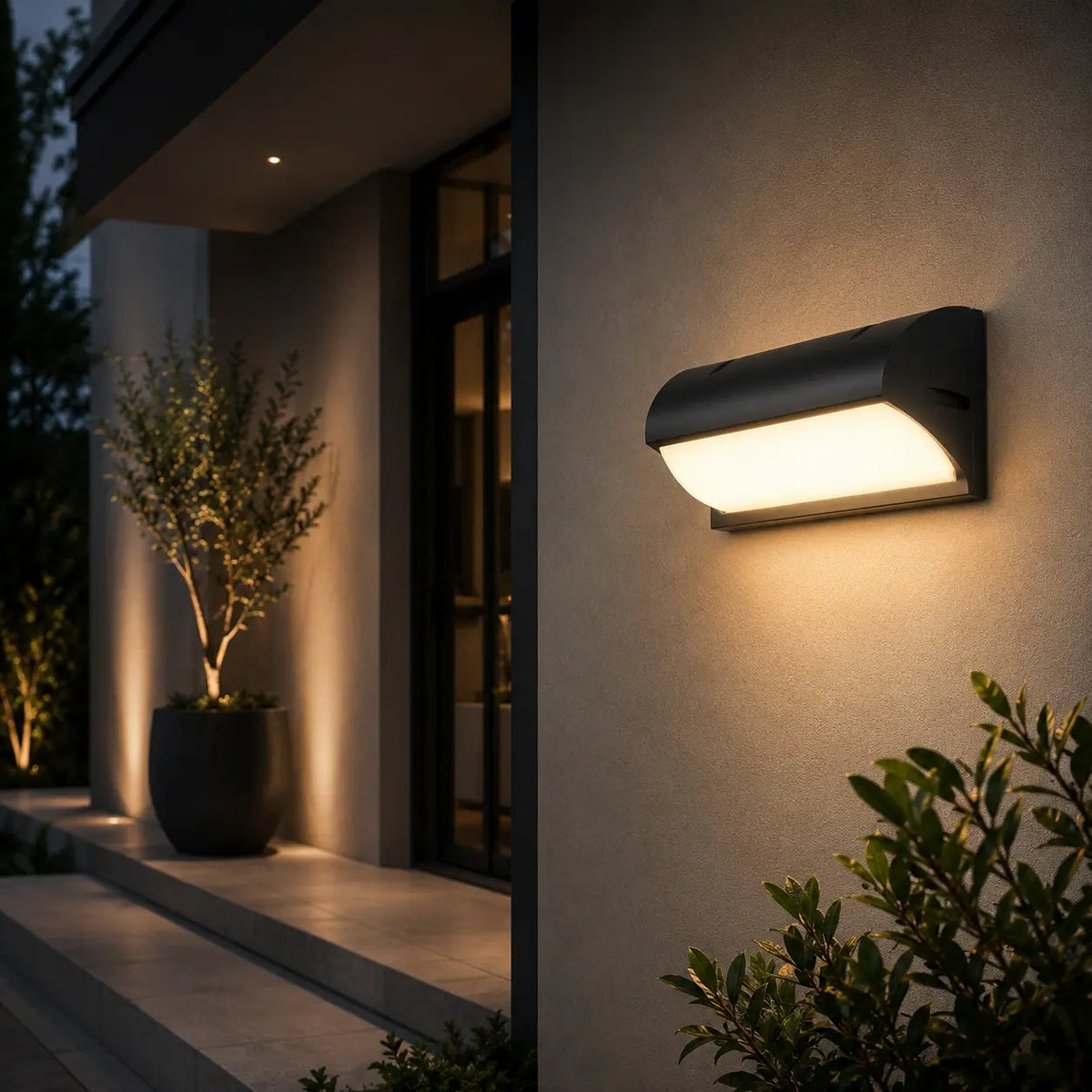 LED Außenwandleuchte Scoop-Design schwarz (Brenholt), am Hauseingang bei Nacht