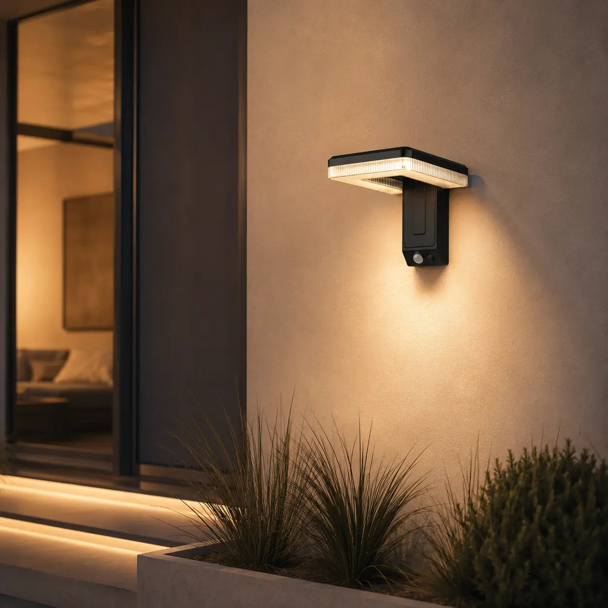 Solar Wandleuchte mit Bewegungsmelder klappbar 120° schwarz (Kaevora), am Hauseingang bei Nacht