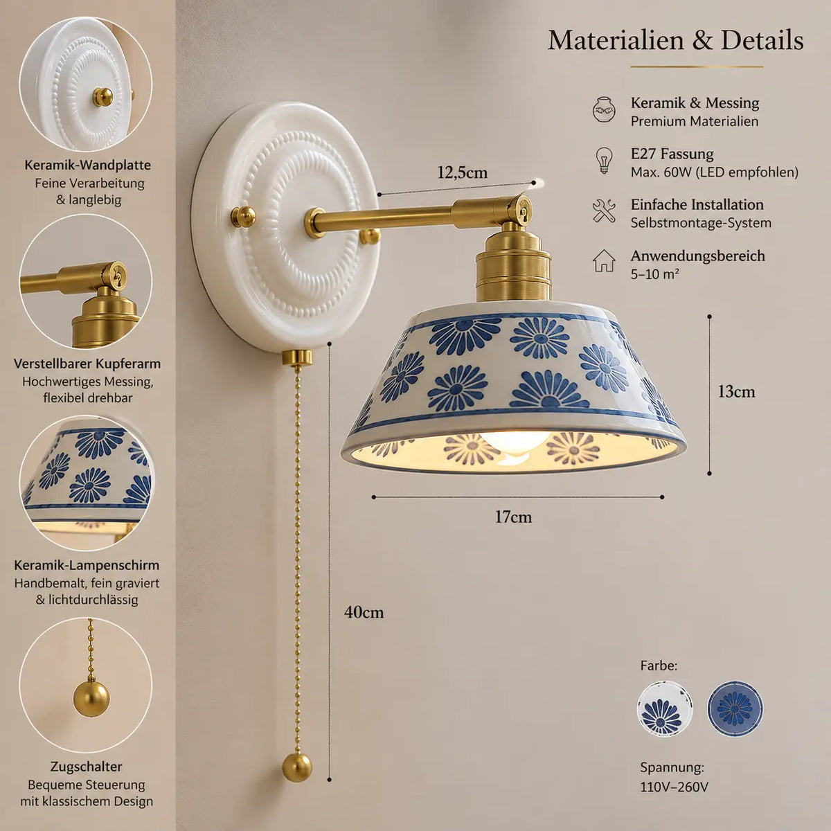 Wandleuchte Keramik Blumenmuster blau (Delfarina), Maße und technische Details