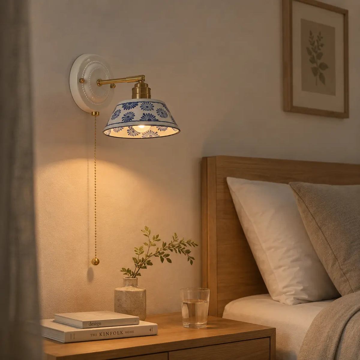 Wandleuchte Keramik Blumenmuster blau (Delfarina), im Schlafzimmer neben dem Bett